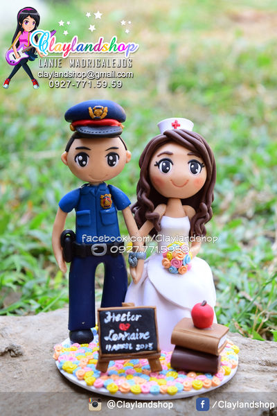 Polymer Clay Police Groom and Nurse Bride Wedding Cake Topper  by Claylandshop